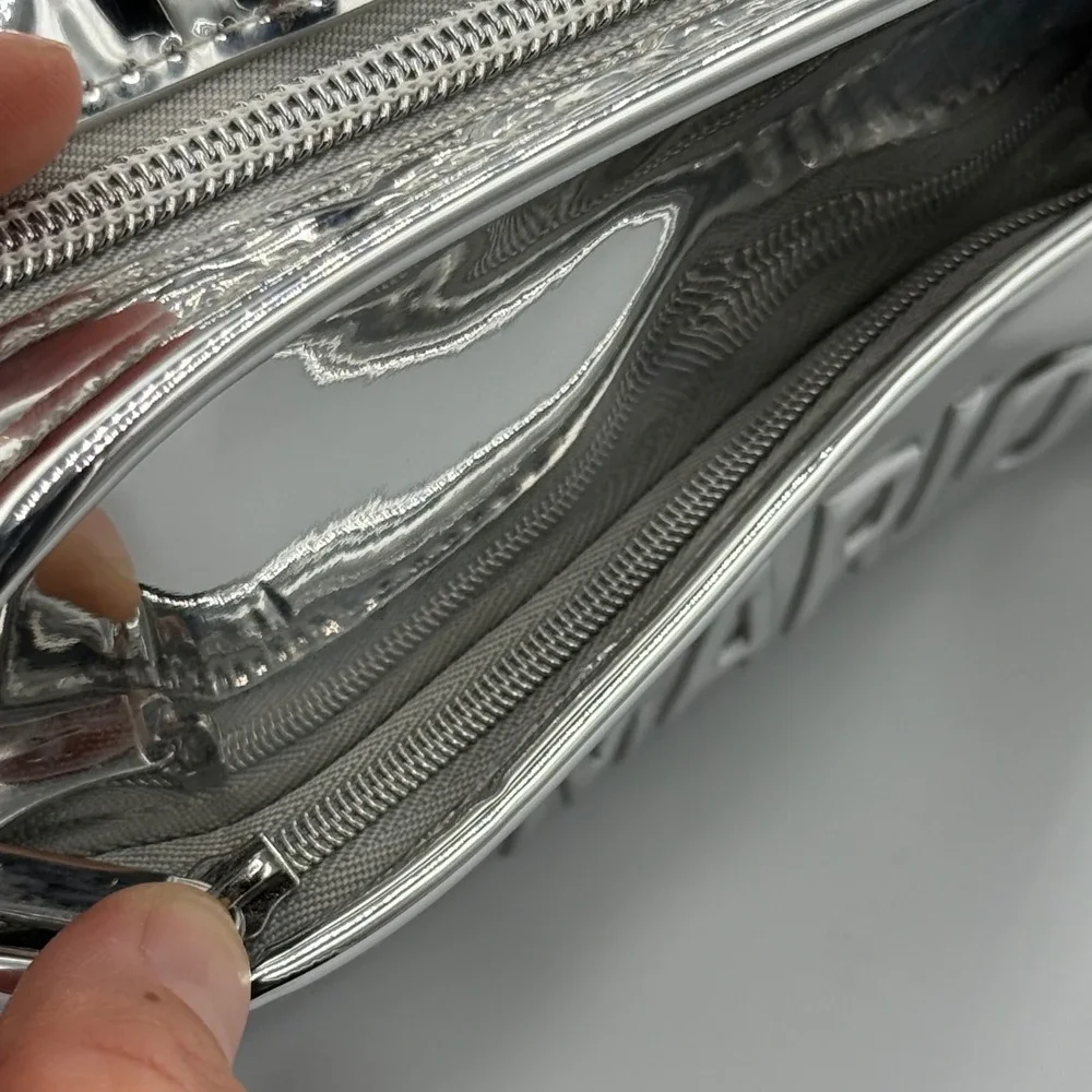 Makeup by Mario Cosmetic Bag Small Silver Metallic Y2K Futuristic Chrome Pouch‎
